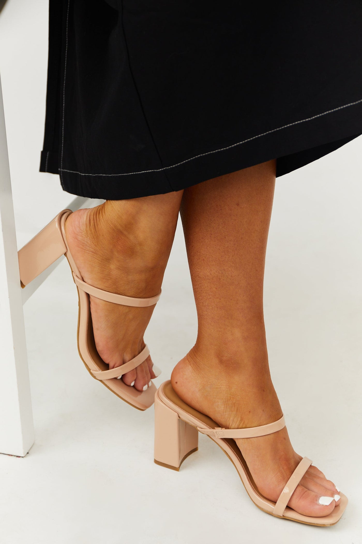 Nude Pleather Square Toe Slip On Heels