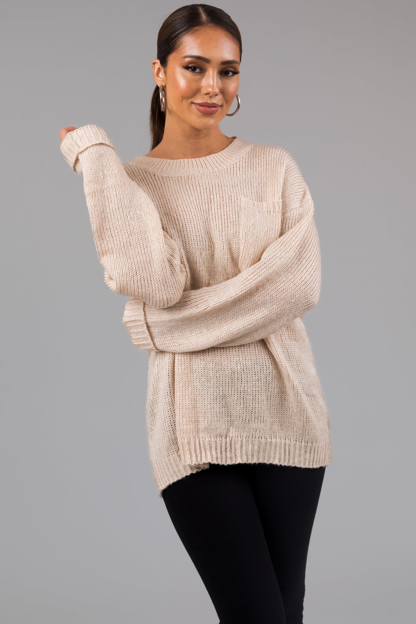 Oatmeal Chest Pocket Cuffed Sleeve Sweater