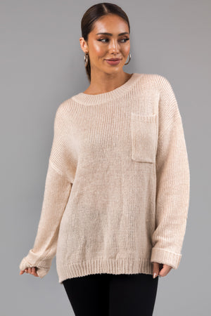 Oatmeal Chest Pocket Cuffed Sleeve Sweater