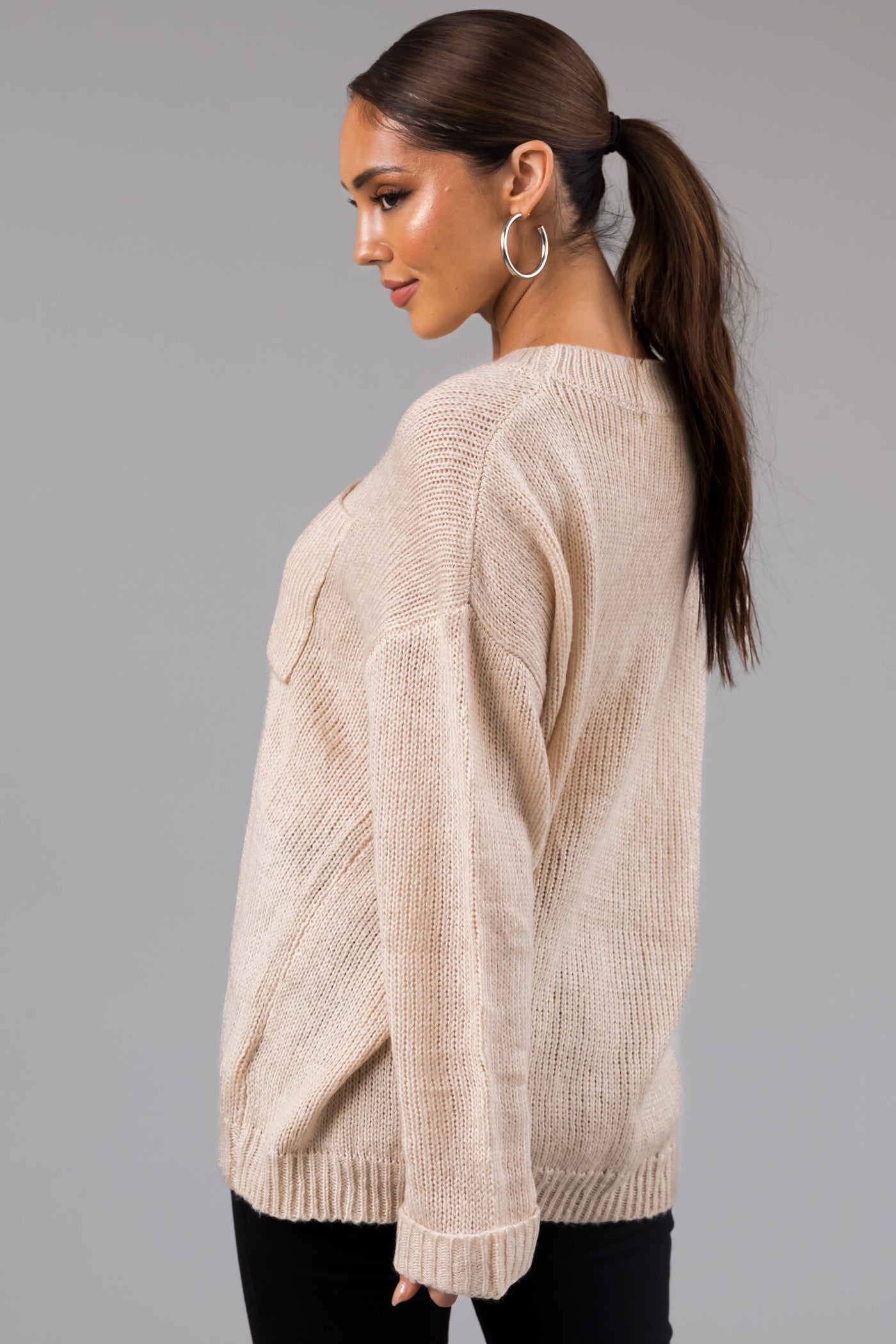 Oatmeal Chest Pocket Cuffed Sleeve Sweater