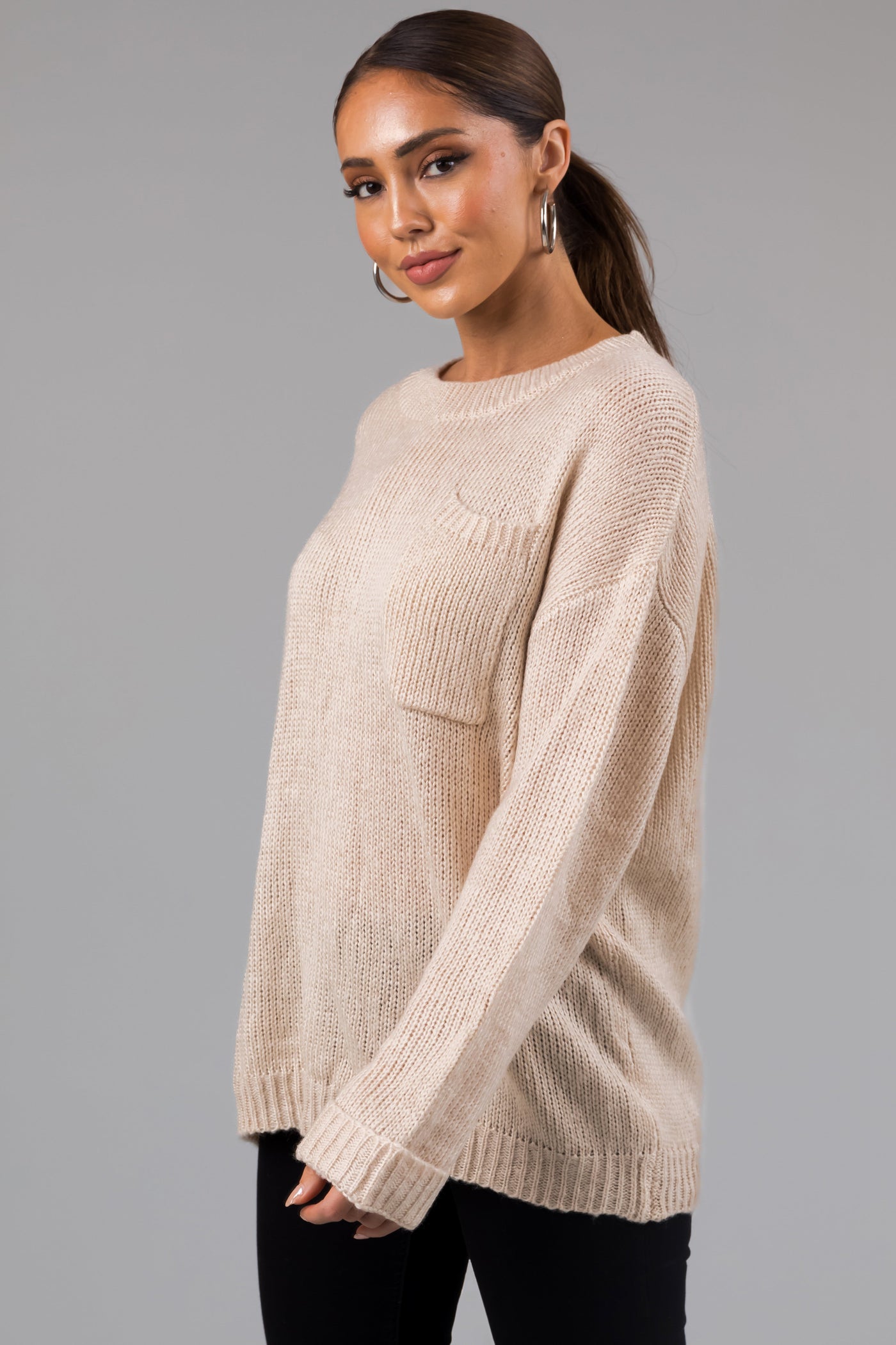 Oatmeal Chest Pocket Cuffed Sleeve Sweater