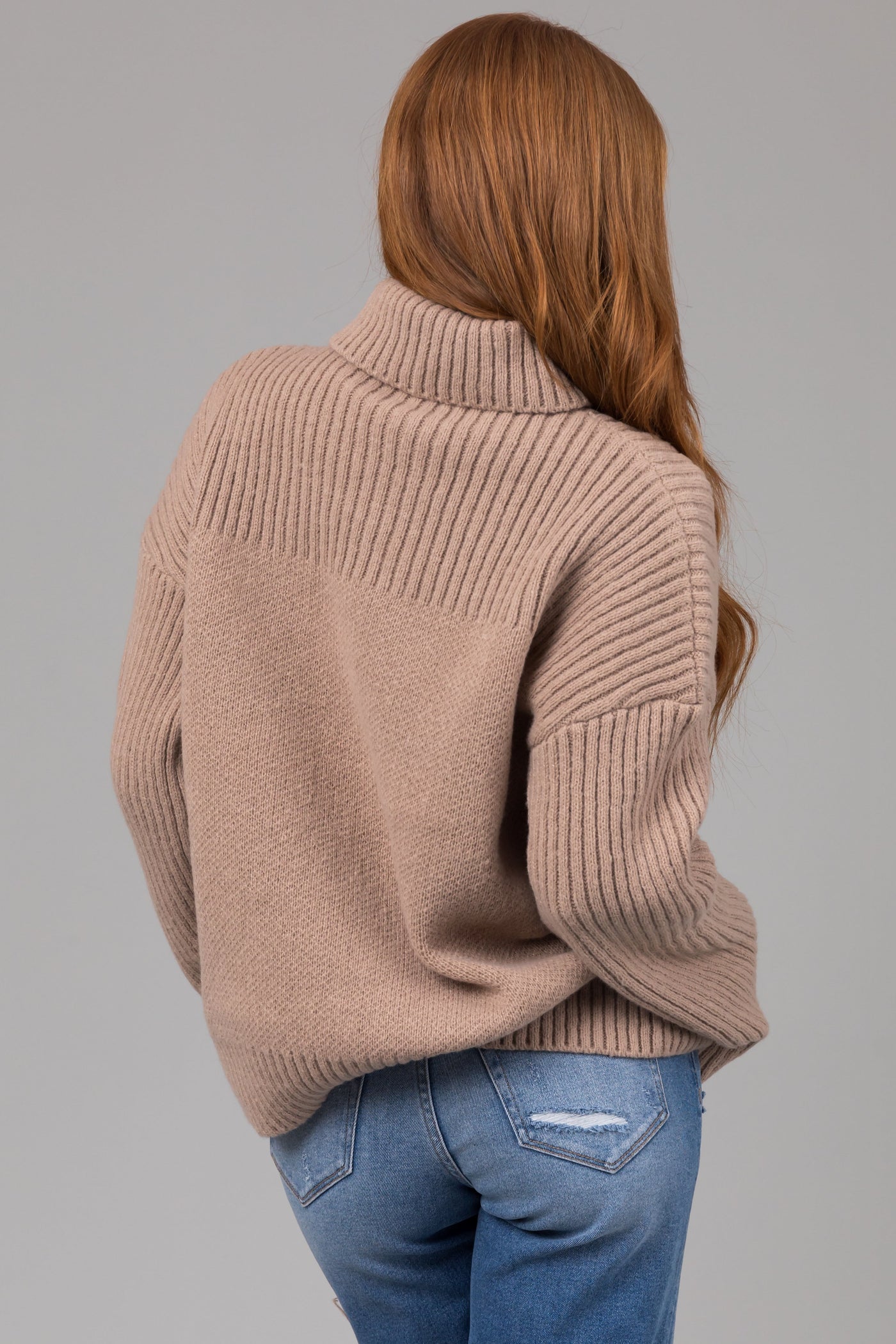 Oatmeal Thick Ribbed Knit Turtleneck Sweater