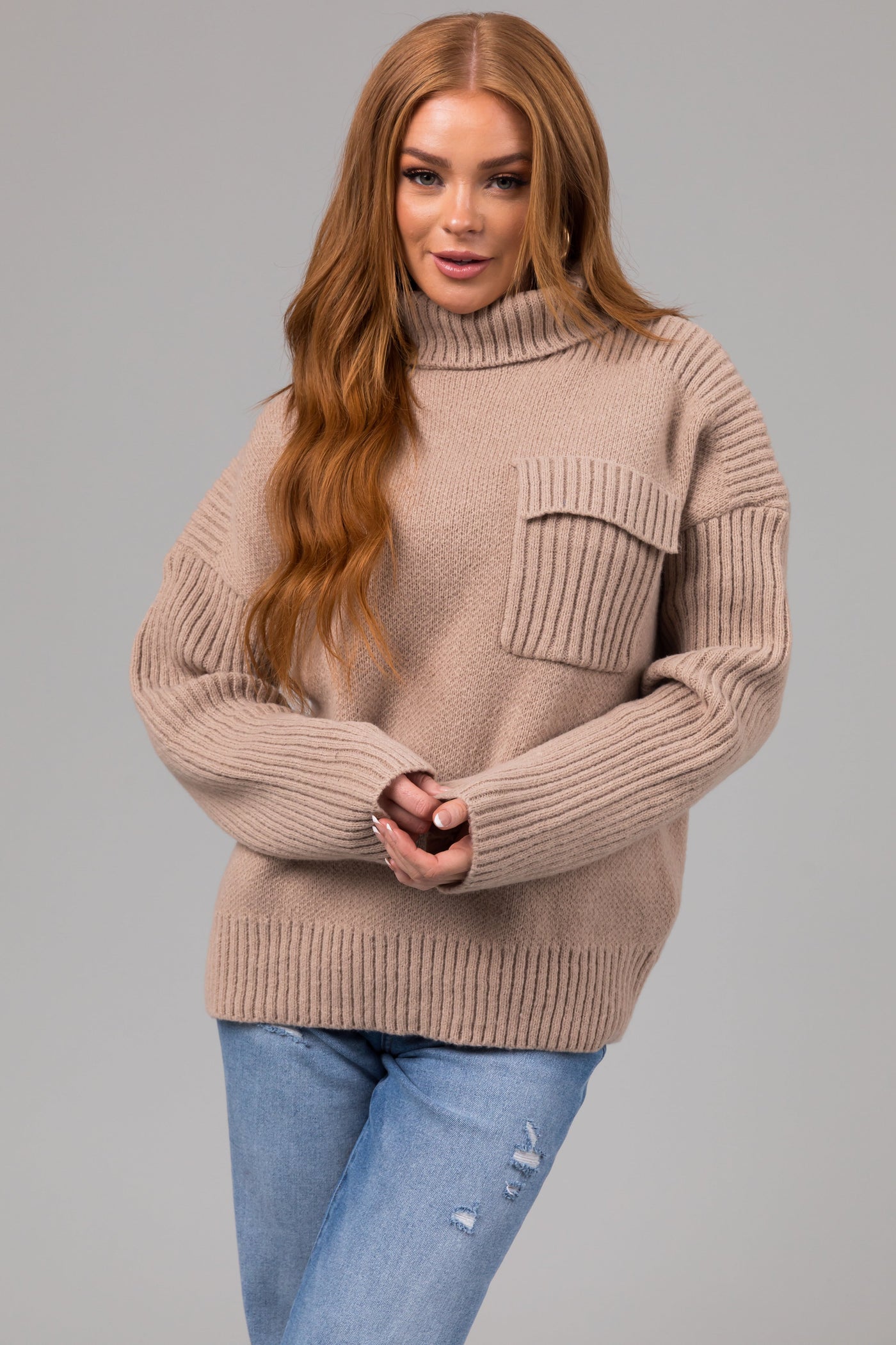 Oatmeal Thick Ribbed Knit Turtleneck Sweater