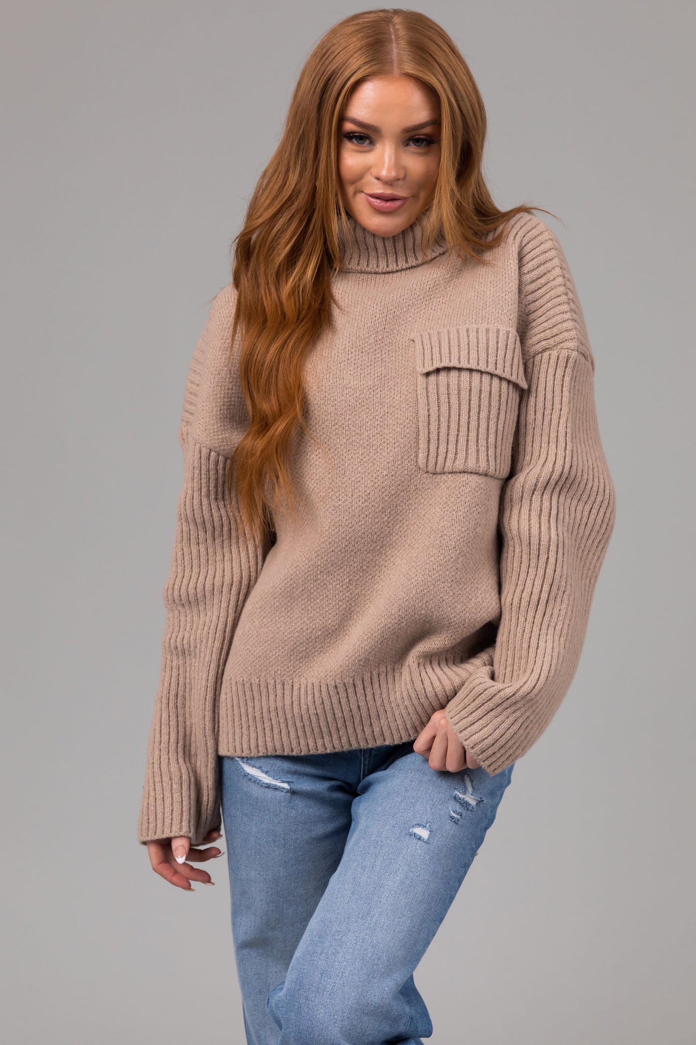 Oatmeal Thick Ribbed Knit Turtleneck Sweater