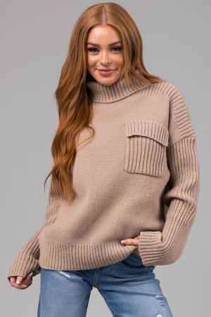 Oatmeal Thick Ribbed Knit Turtleneck Sweater