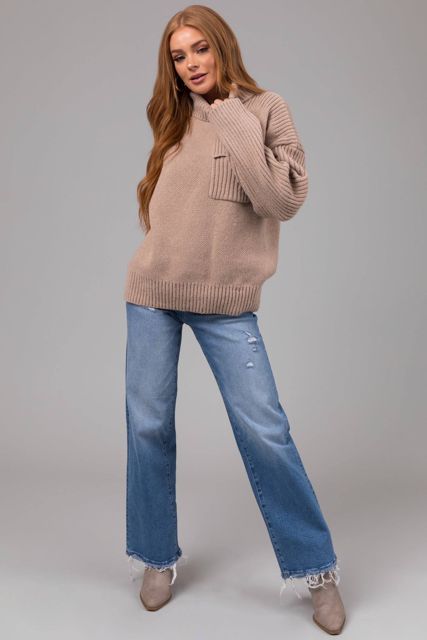 Oatmeal Thick Ribbed Knit Turtleneck Sweater