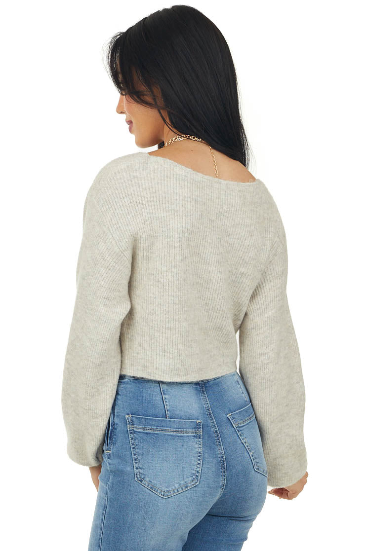 Oatmeal Two Tone Twist Front Cropped Sweater