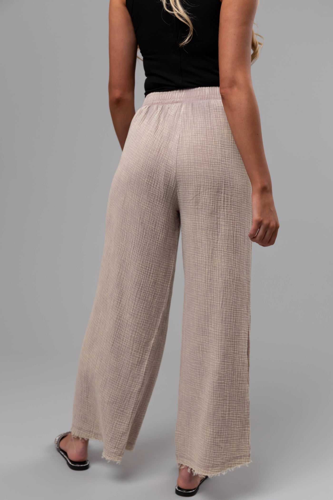 Oatmeal Washed Elastic Waist Wide Leg Pants