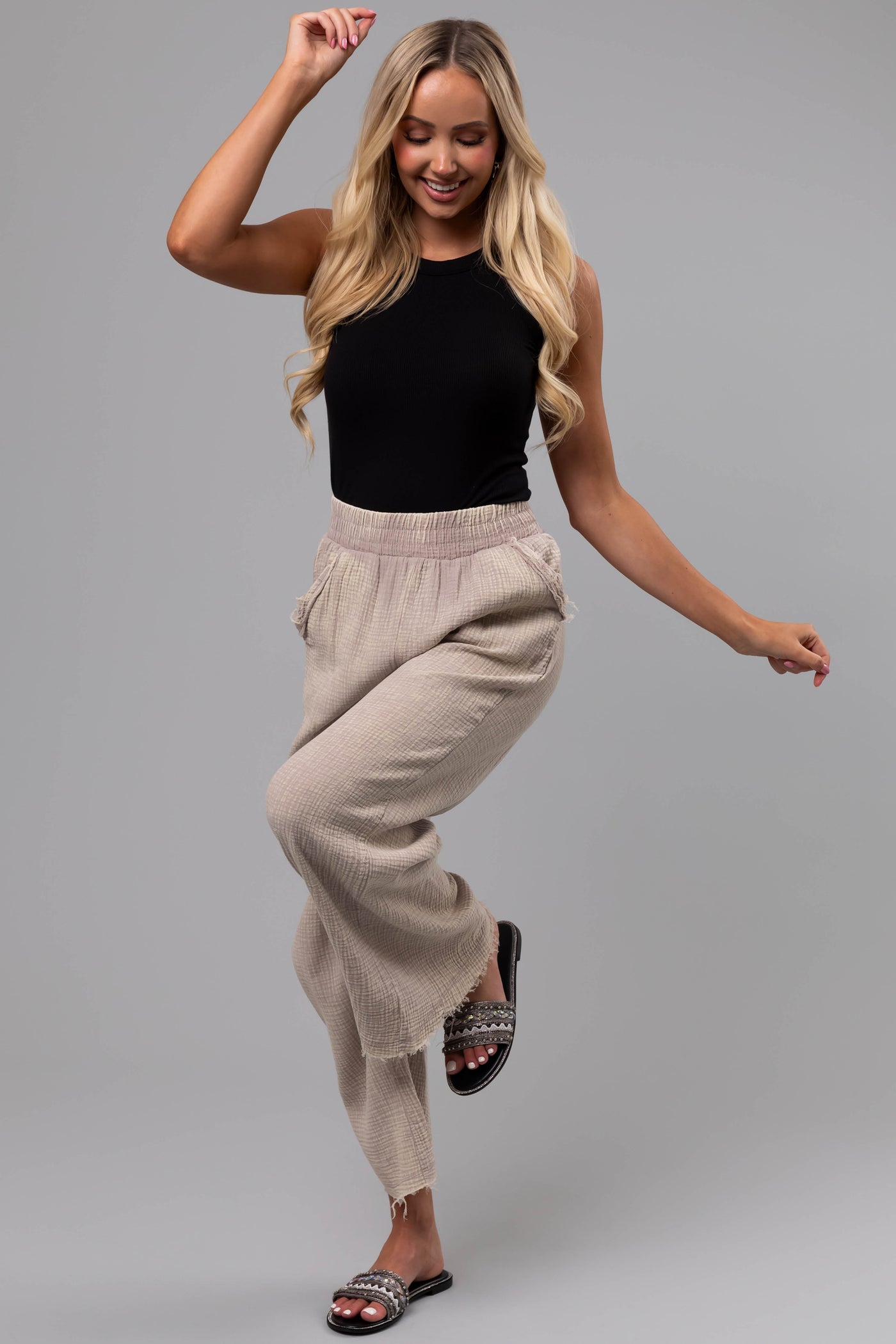 Oatmeal Washed Elastic Waist Wide Leg Pants