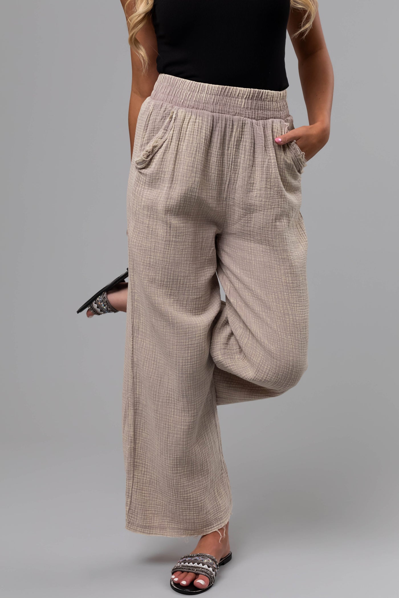 Oatmeal Washed Elastic Waist Wide Leg Pants