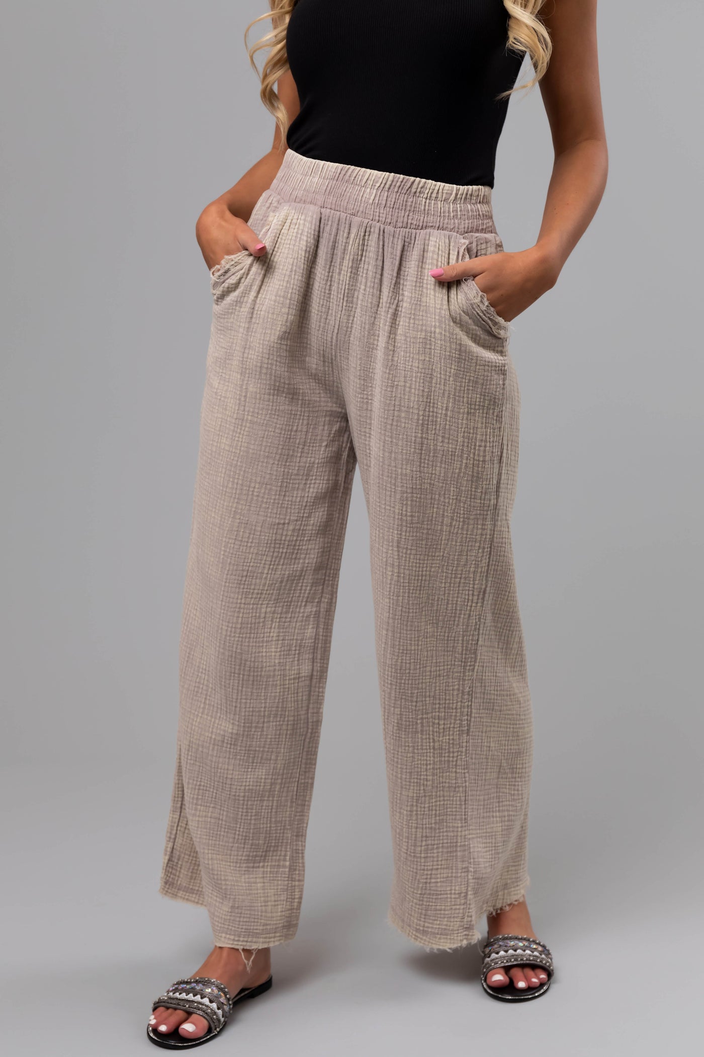 Oatmeal Washed Elastic Waist Wide Leg Pants