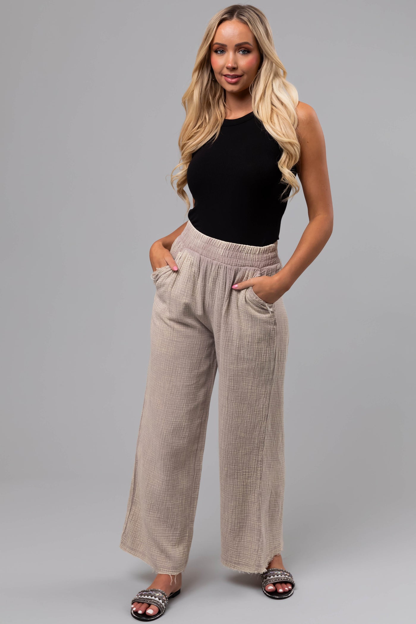 Oatmeal Washed Elastic Waist Wide Leg Pants