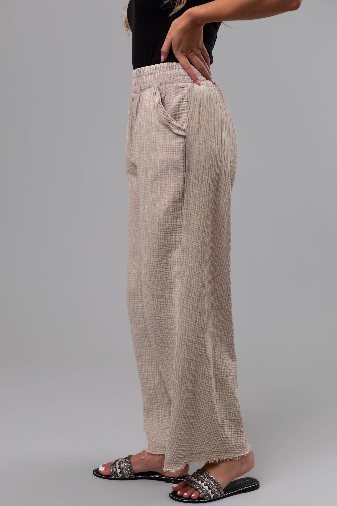 Oatmeal Washed Elastic Waist Wide Leg Pants