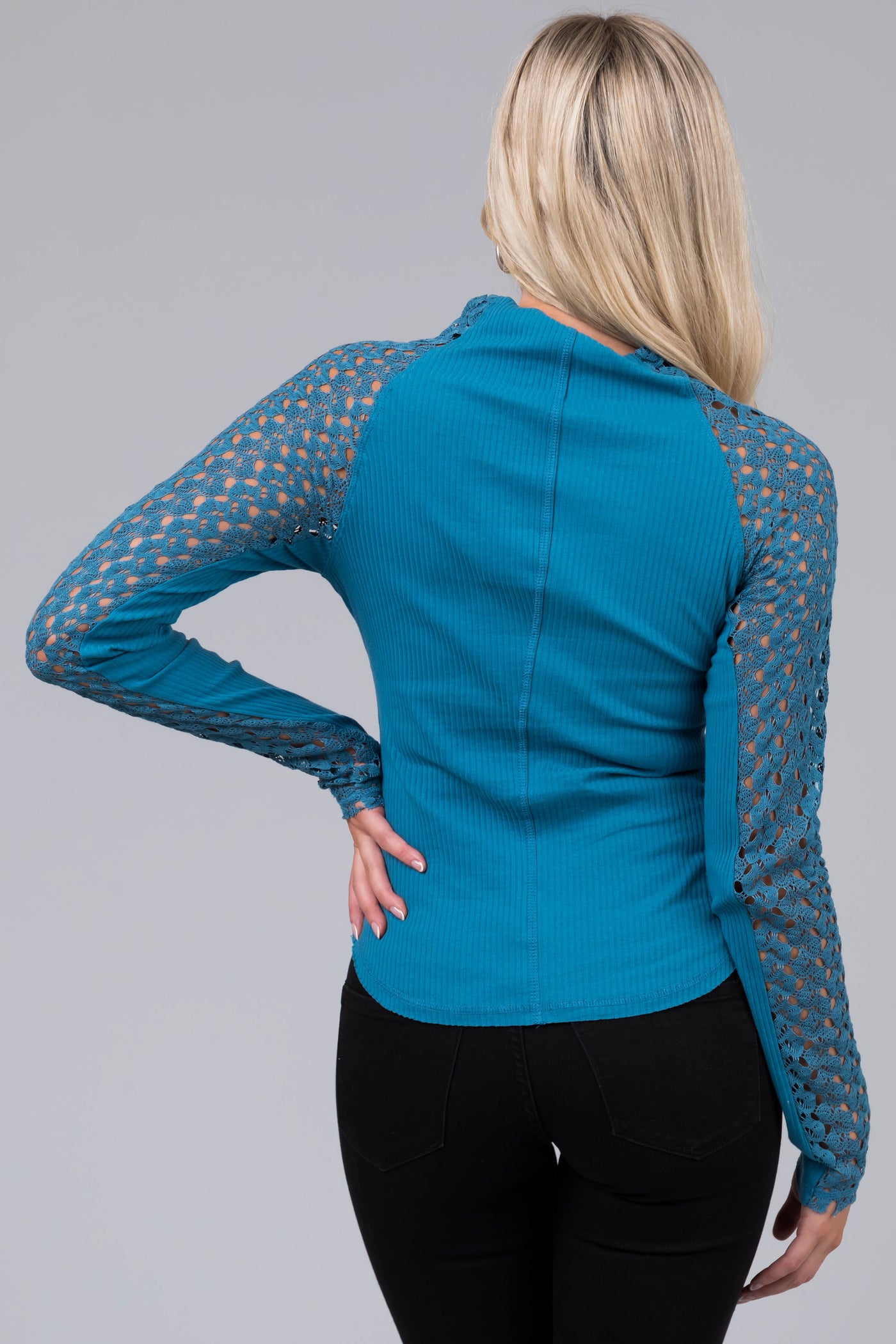 Ocean Crochet Lace Long Sleeve Ribbed Top