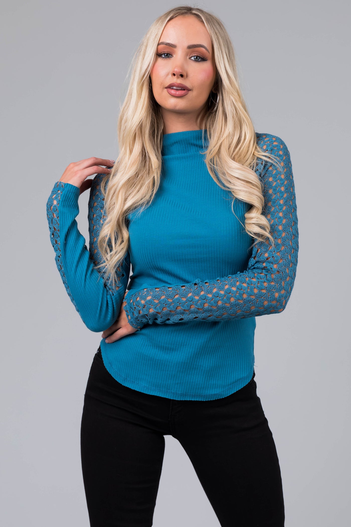 Ocean Crochet Lace Long Sleeve Ribbed Top