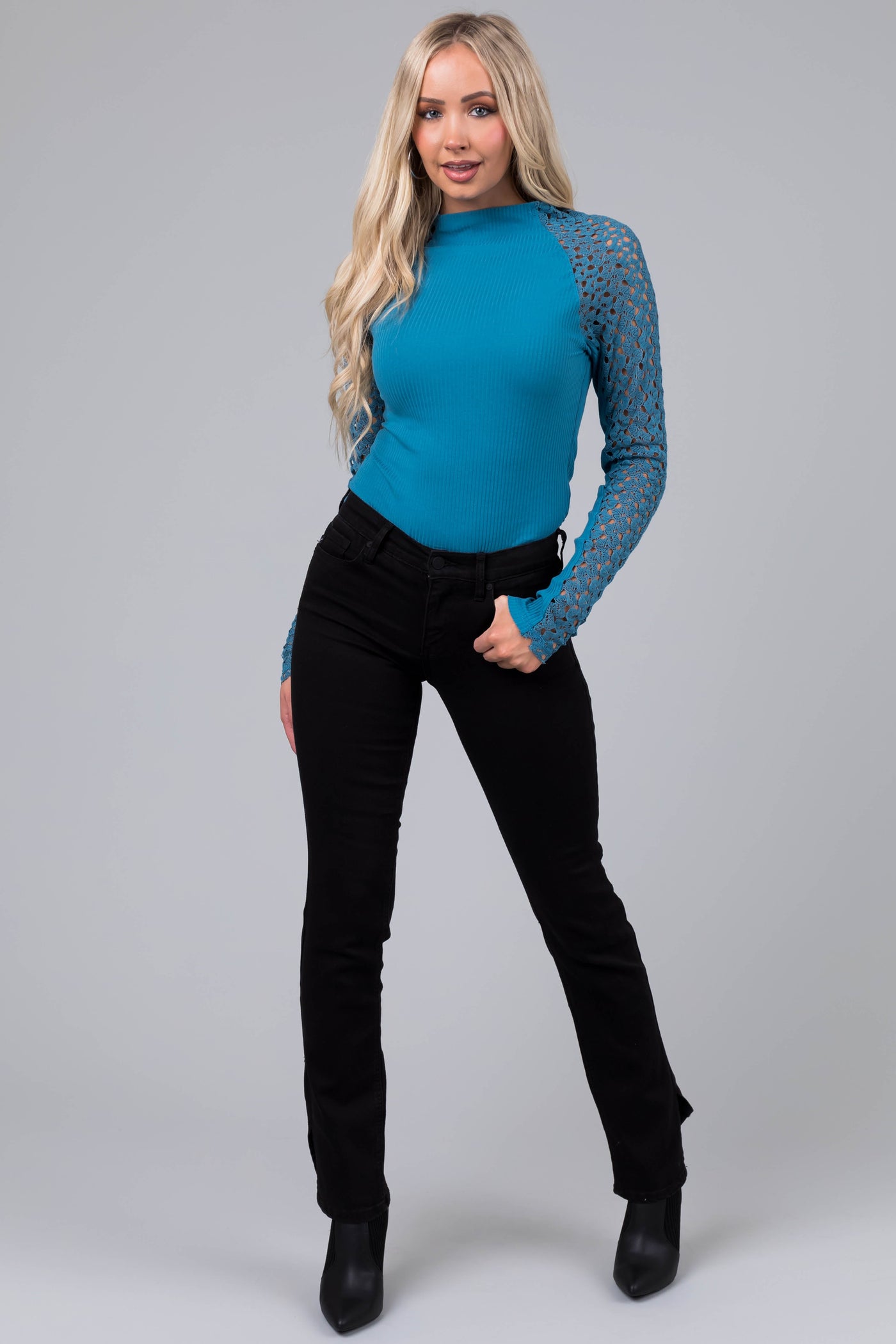 Ocean Crochet Lace Long Sleeve Ribbed Top