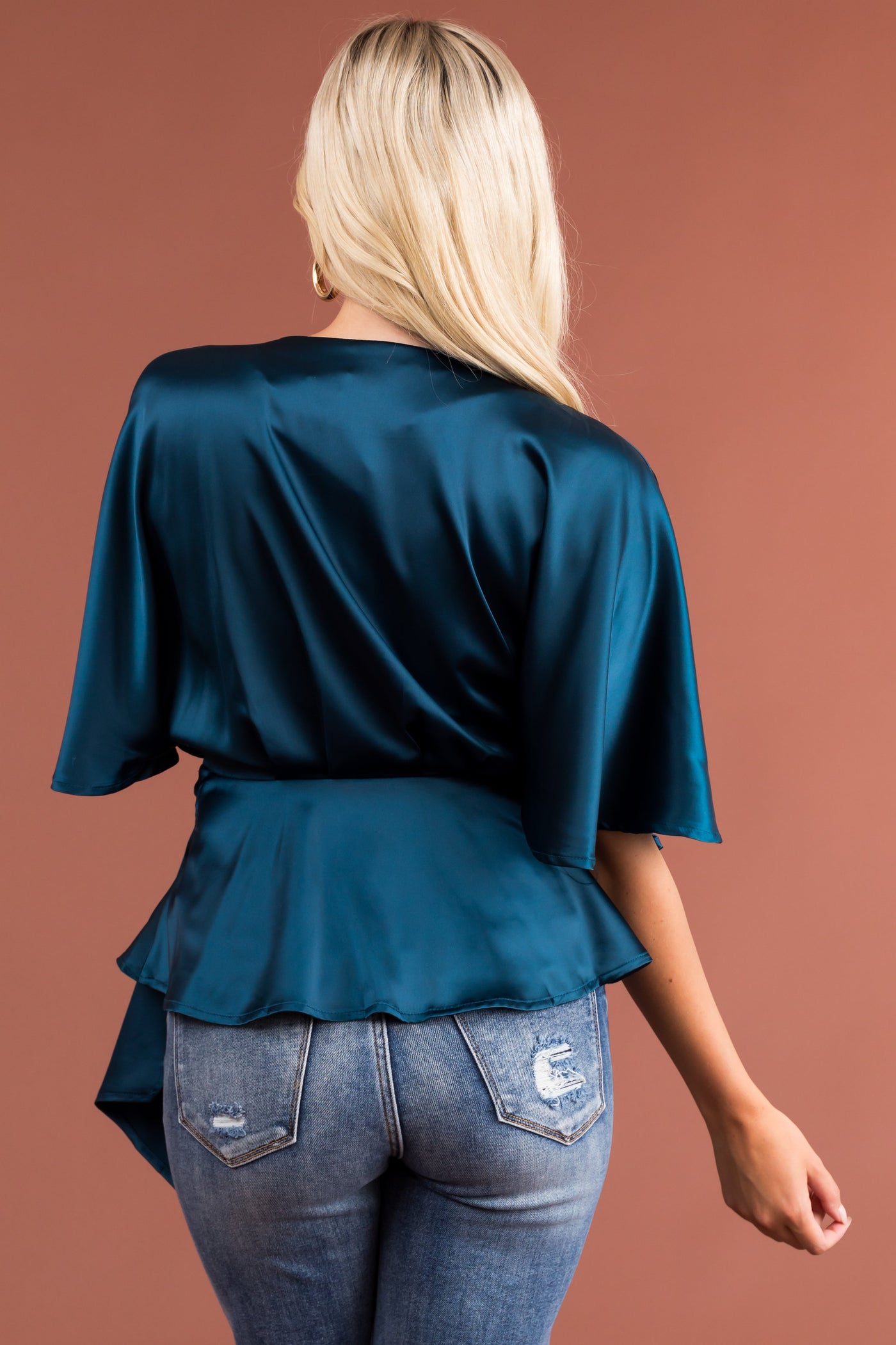 Ocean Flutter Sleeve Wrap Satin Blouse