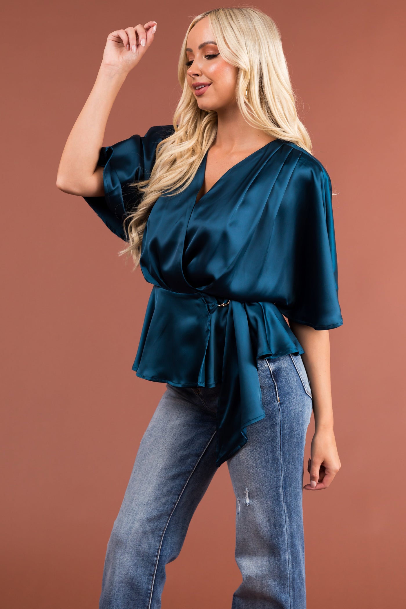 Ocean Flutter Sleeve Wrap Satin Blouse