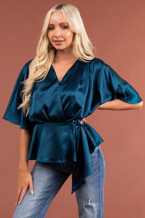 Ocean Flutter Sleeve Wrap Satin Blouse