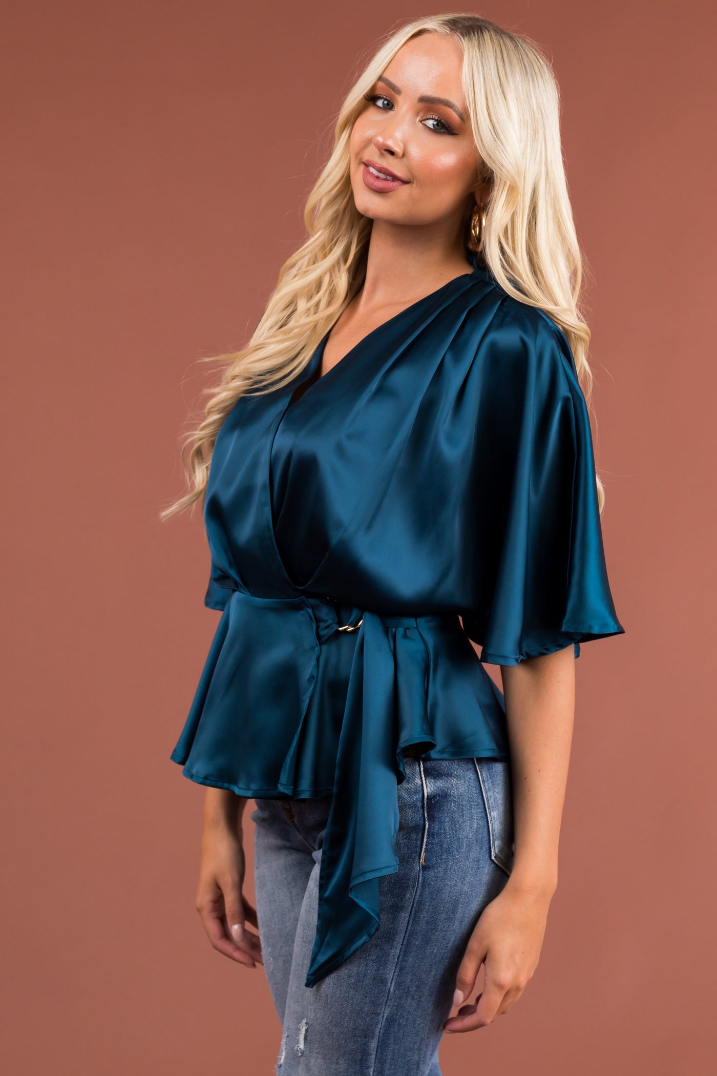 Ocean Flutter Sleeve Wrap Satin Blouse