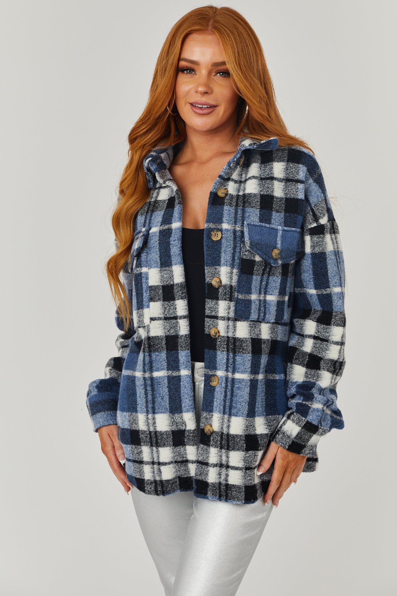 Ocean Plaid Super Soft Fuzzy Shacket