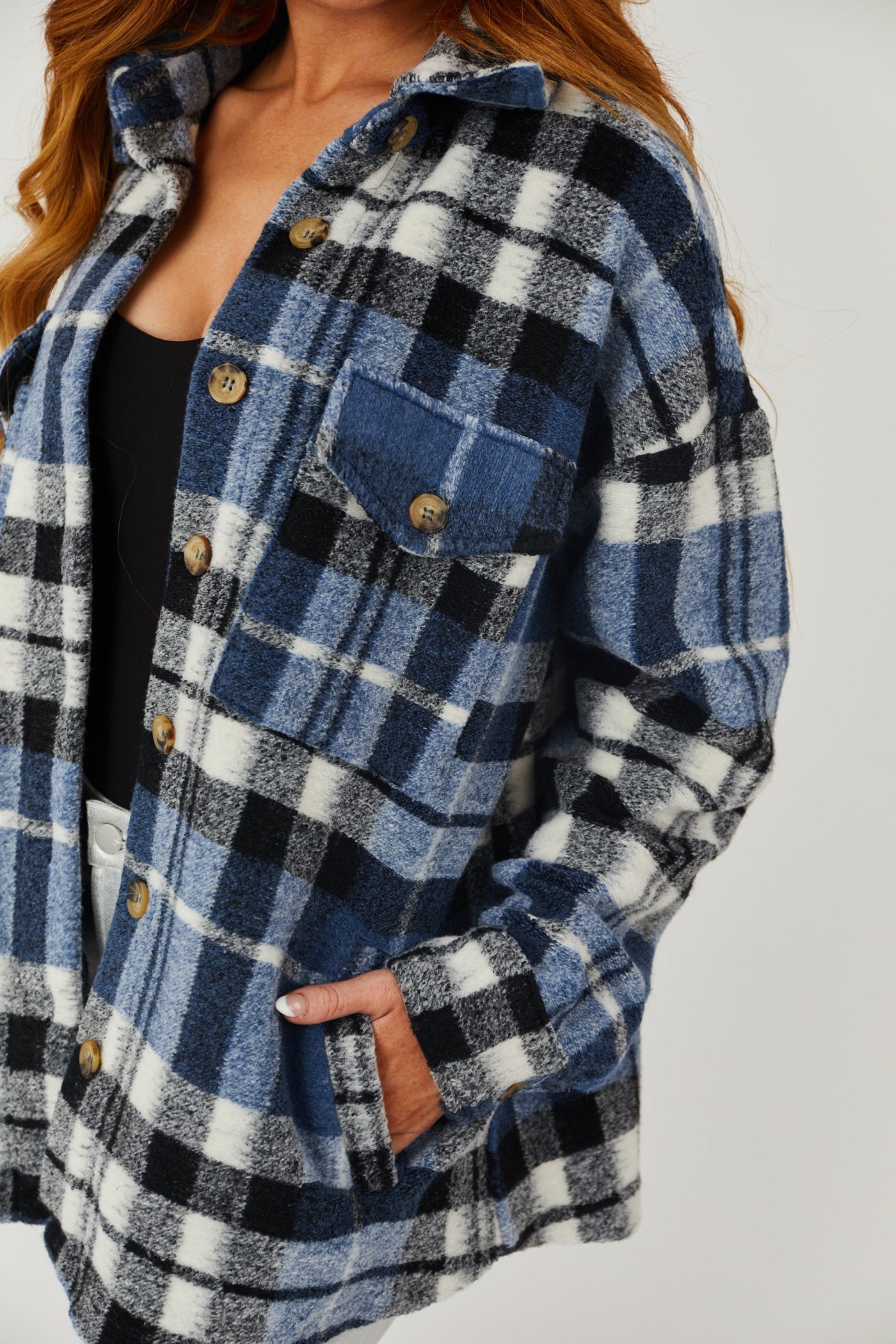 Ocean Plaid Super Soft Fuzzy Shacket