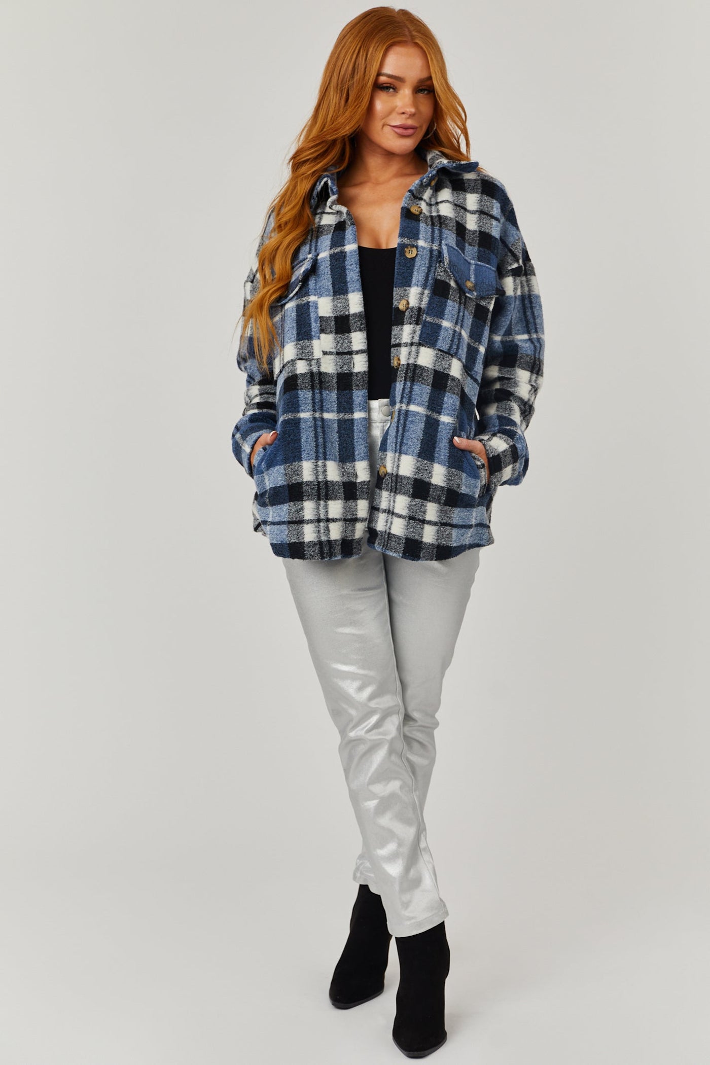 Ocean Plaid Super Soft Fuzzy Shacket