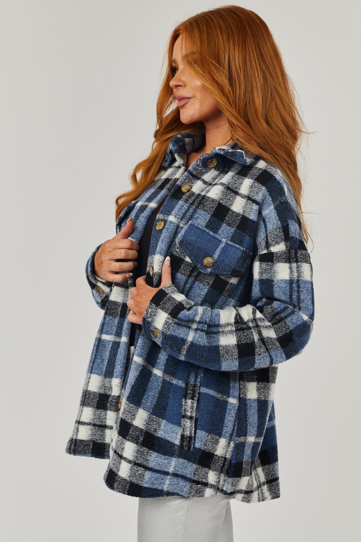 Ocean Plaid Super Soft Fuzzy Shacket