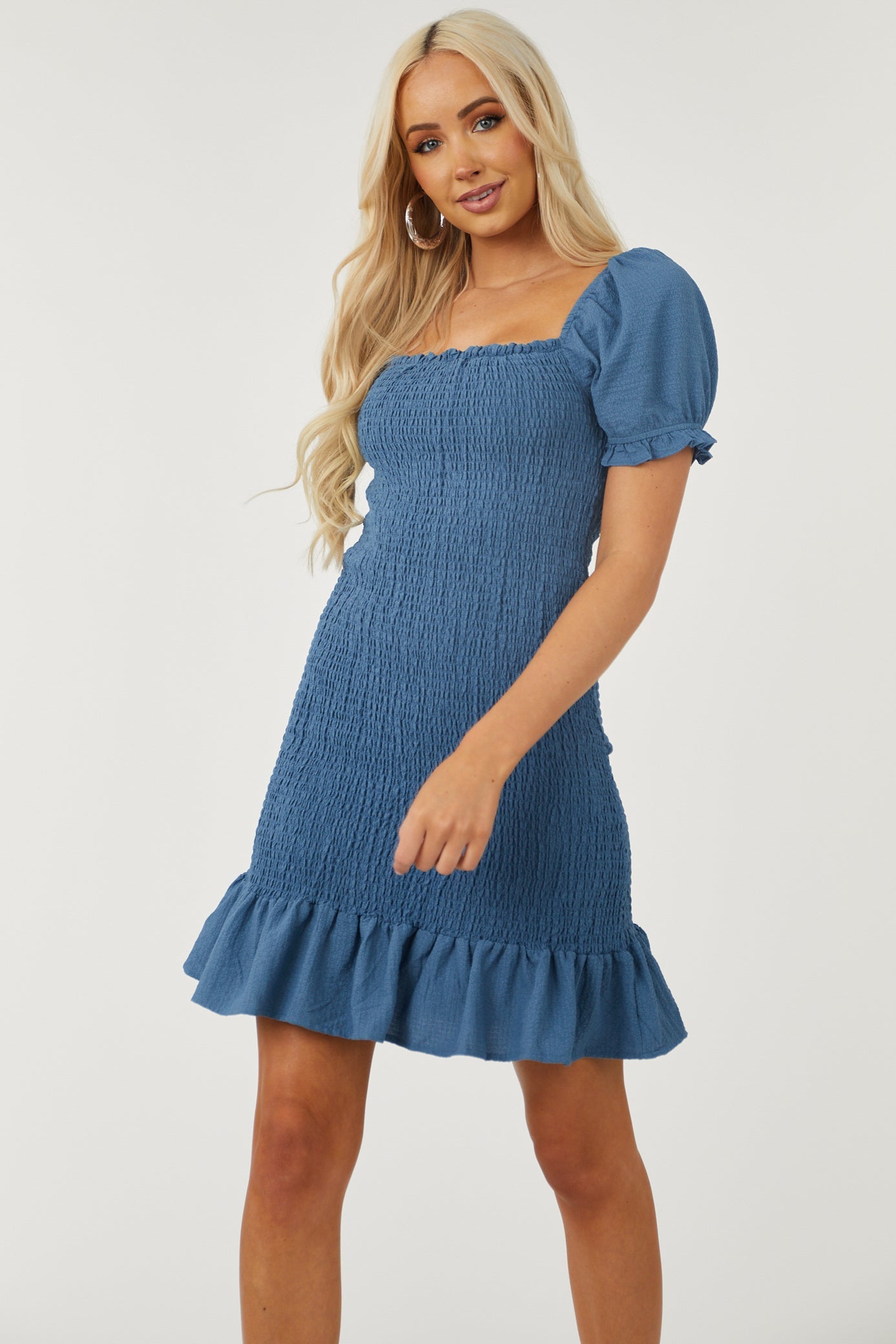 Ocean Puff Sleeve Smocked Bodycon Mini Dress
