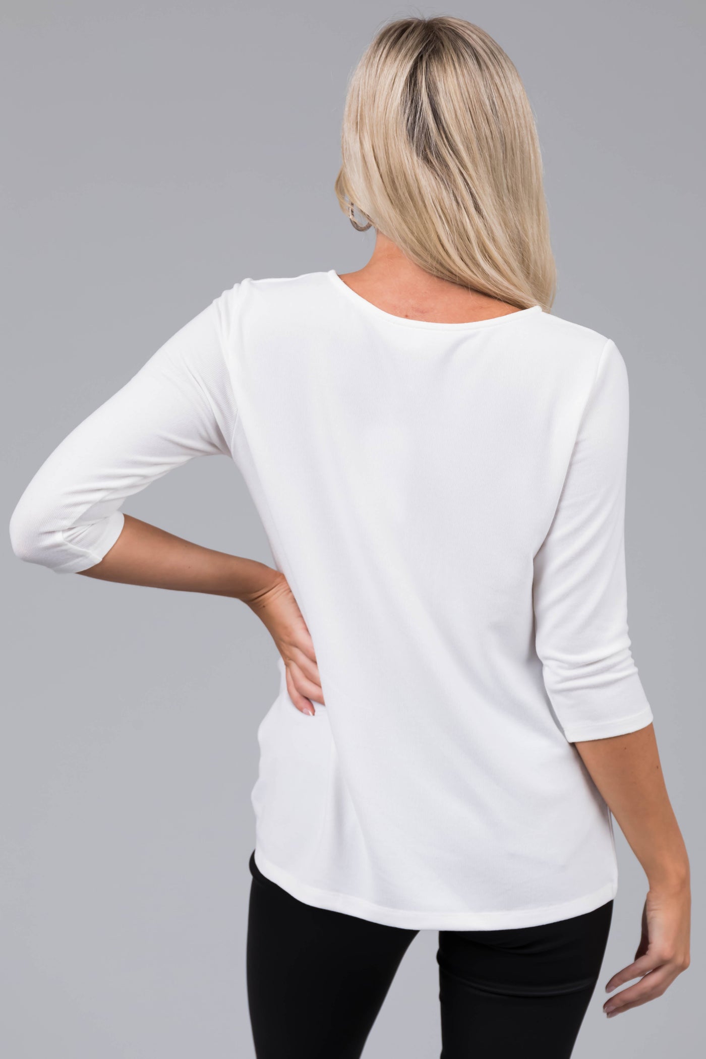 Off White 3/4 Sleeve Front Twist Ribbed Knit Top
