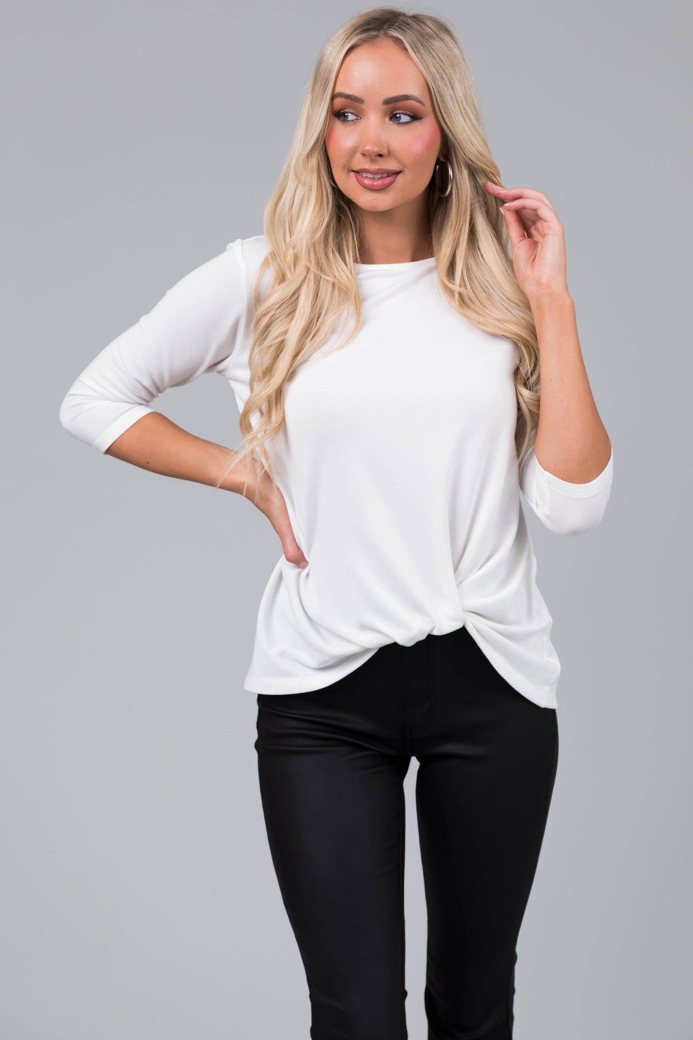 Off White 3/4 Sleeve Front Twist Ribbed Knit Top