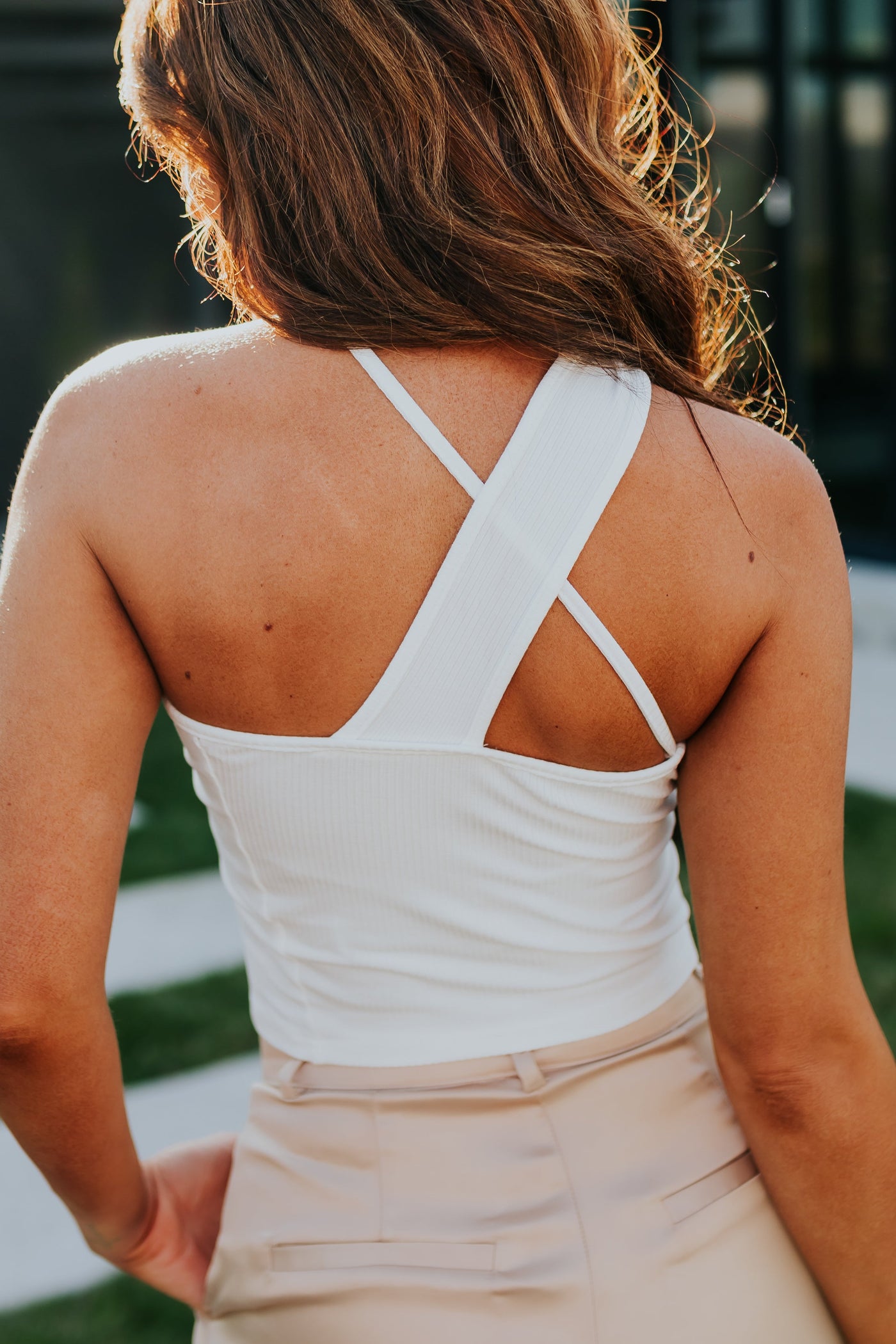 Off White Asymmetrical Neck Ribbed Tank Top