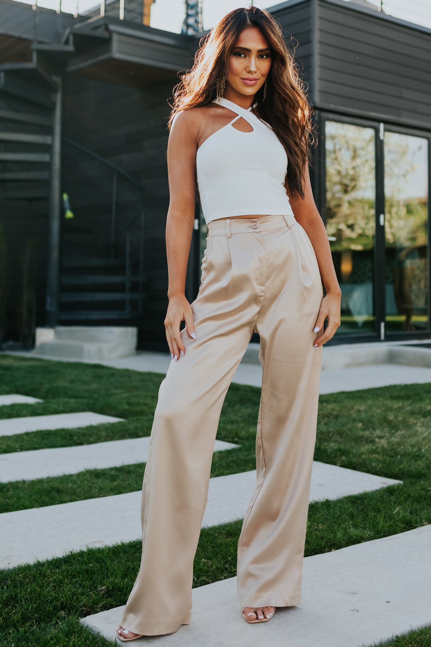 Off White Asymmetrical Neck Ribbed Tank Top