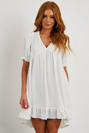 Off White Babydoll Swiss Dot Short Dress