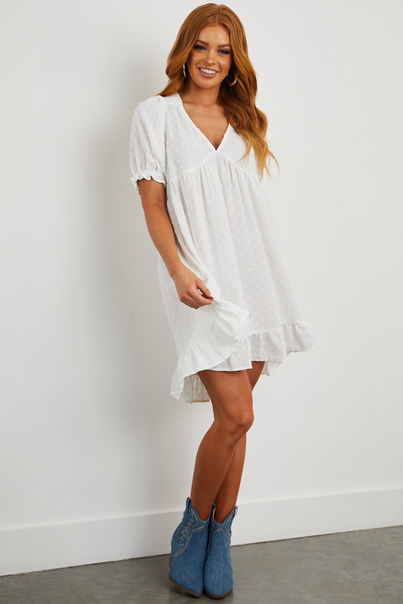 Off White Babydoll Swiss Dot Short Dress