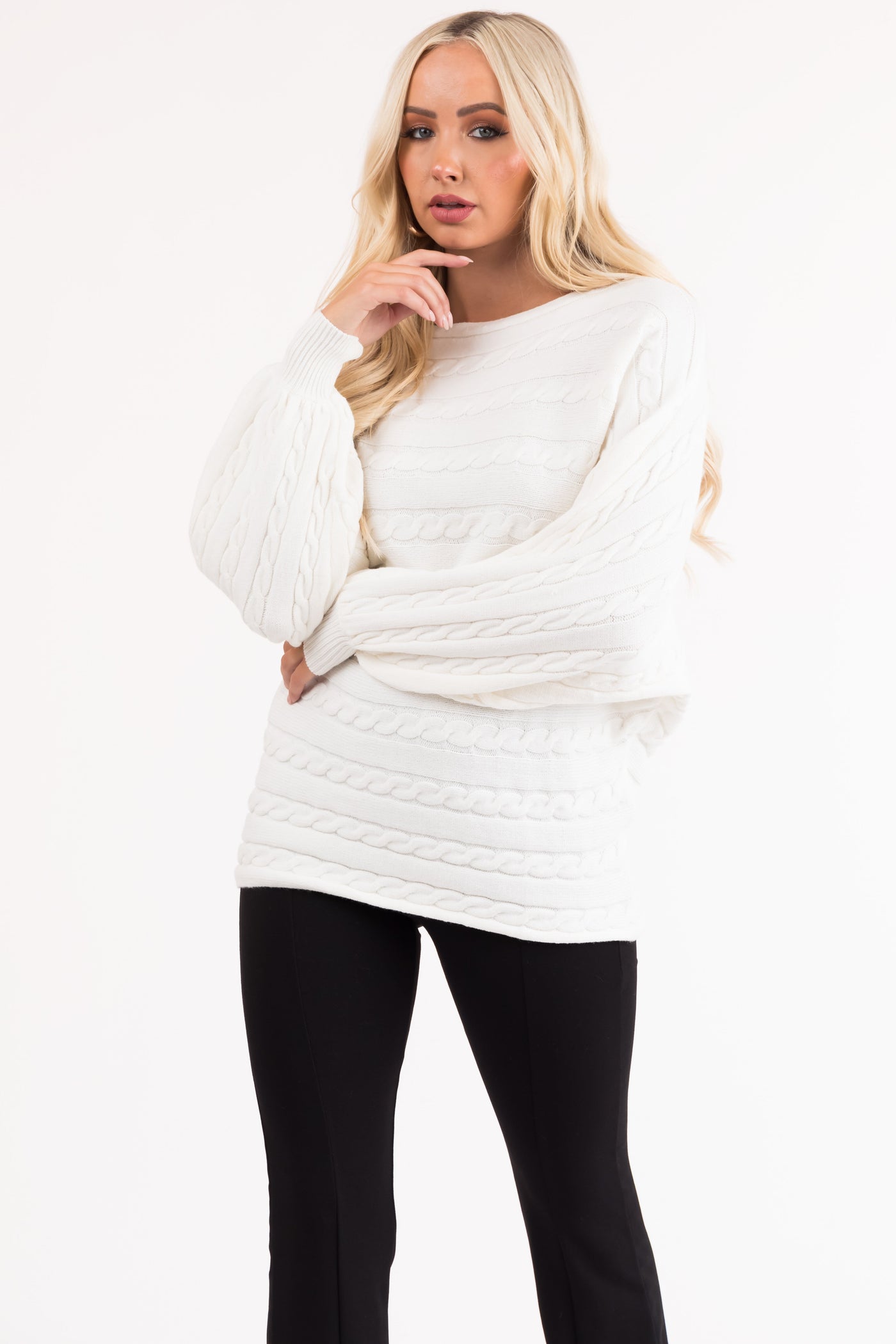 Off White Boat Neckline Soft Cable Knit Sweater