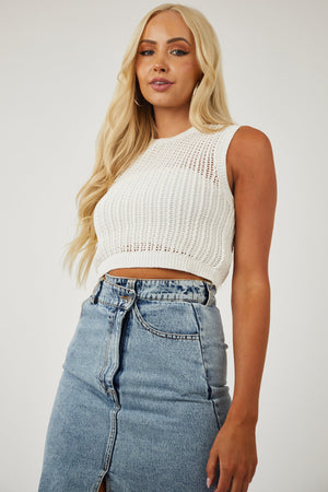 Off White Cropped Sleeveless Loose Knit Top