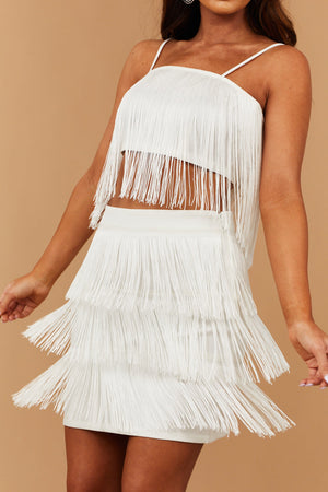 Off White Cropped Tank Top with Fringe