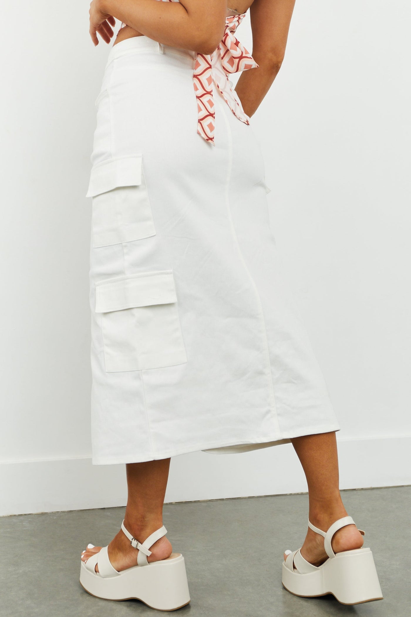 Off White Denim Front Slit Cargo Midi Skirt