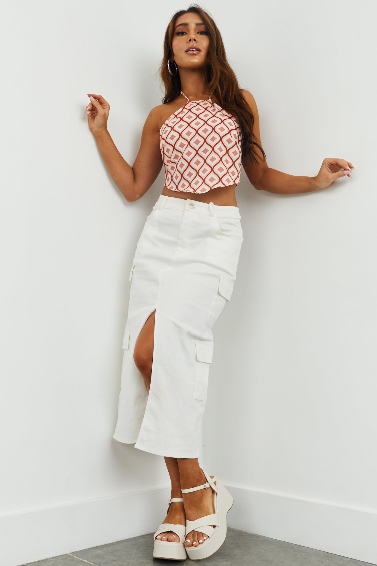 Off White Denim Front Slit Cargo Midi Skirt