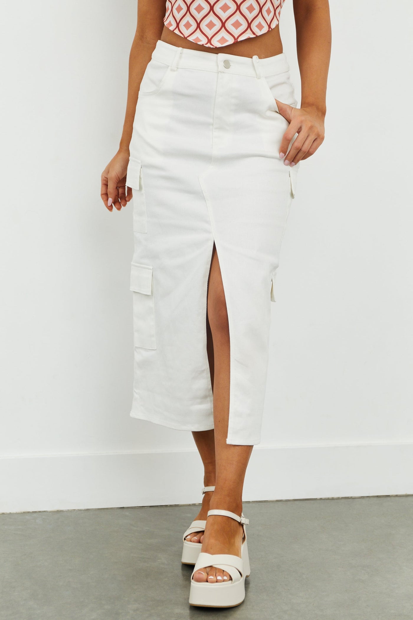 Off White Denim Front Slit Cargo Midi Skirt