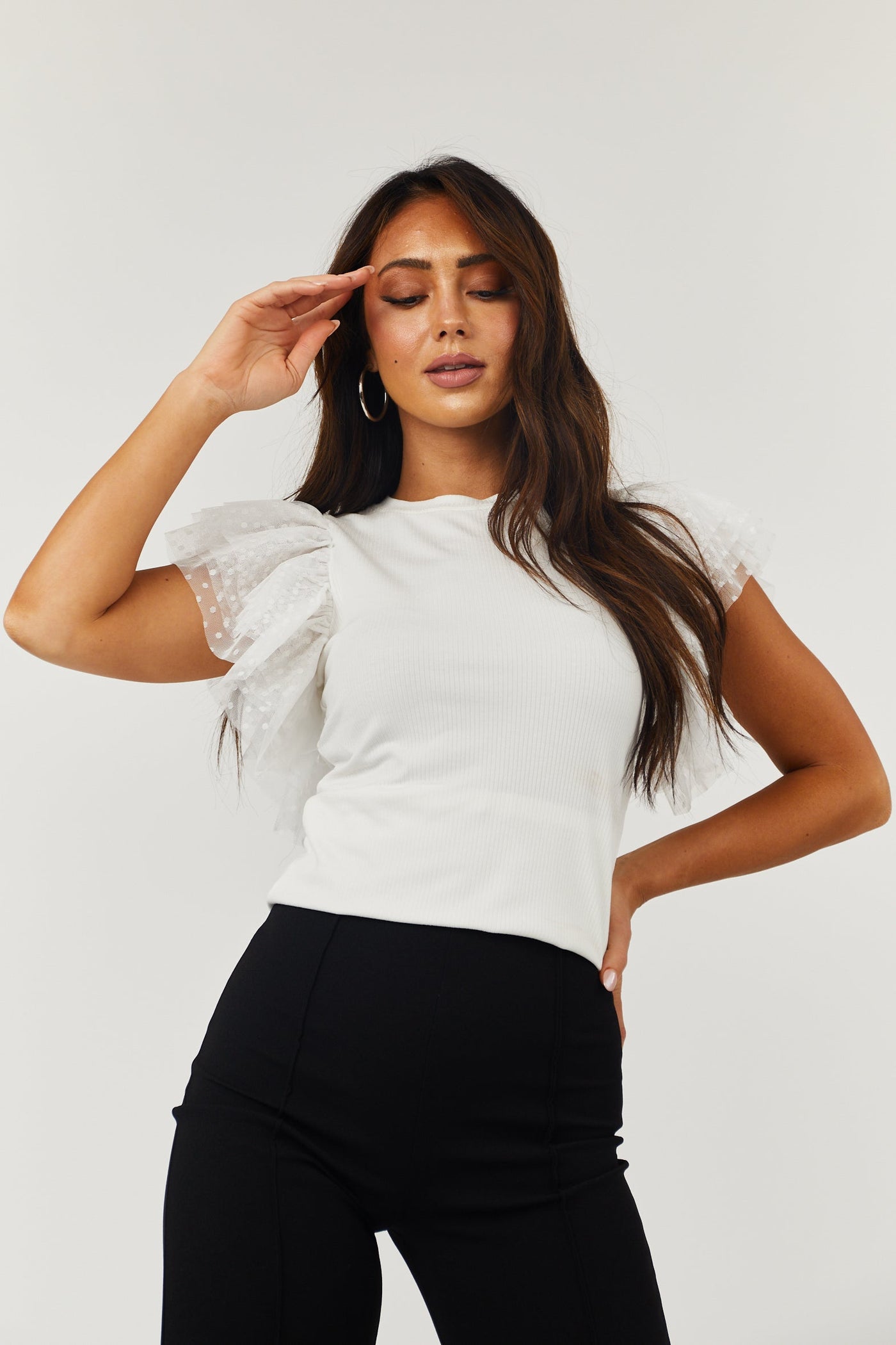 Off White Dotted Ruffle Tulle Ribbed Knit Top