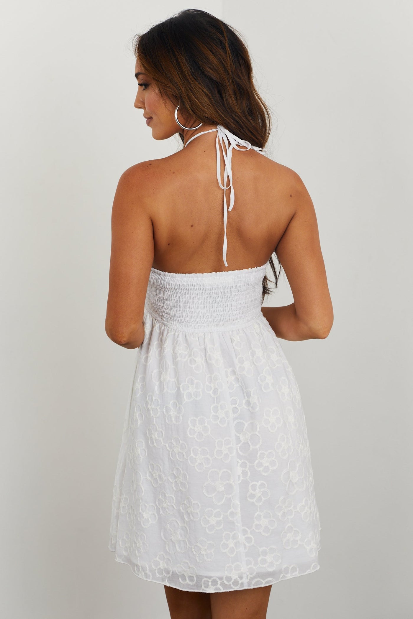 Off White Floral Jacquard Smocked Halter Dress