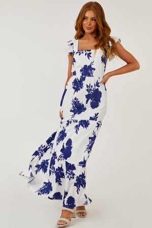 Off White Floral Ruffle Strap Tiered Maxi Dress