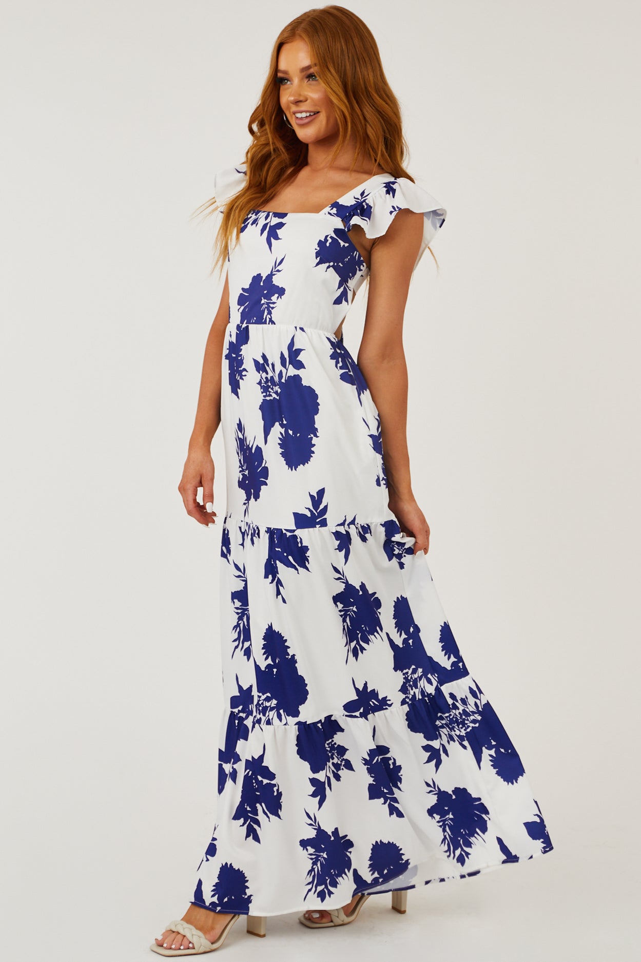 Off White Floral Ruffle Strap Tiered Maxi Dress