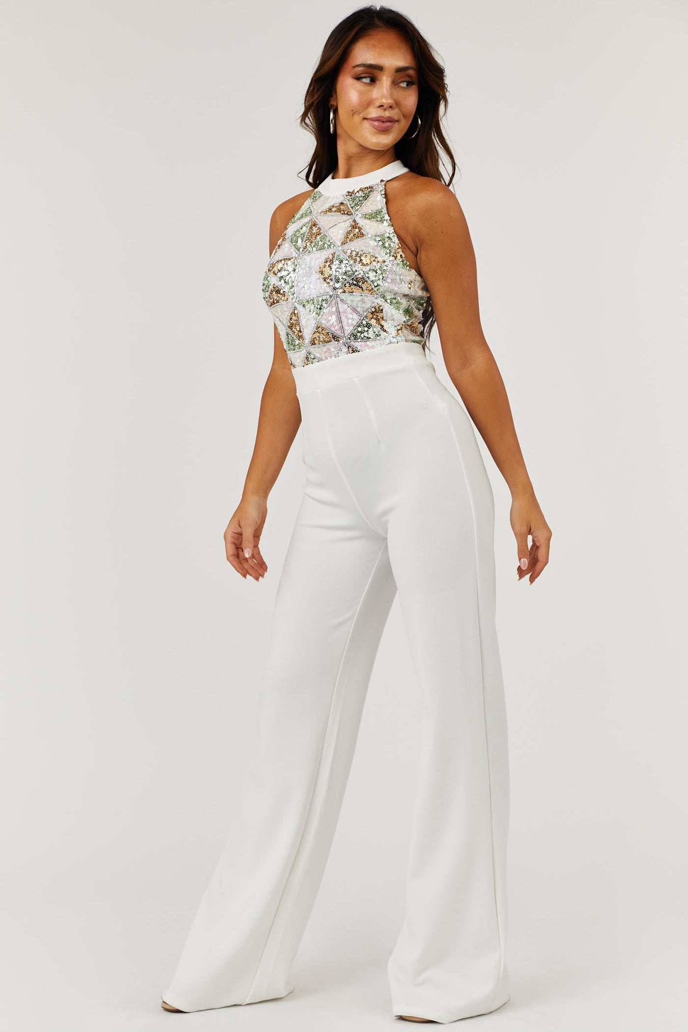 Off White Geometric Sequin Halter Neck Jumpsuit