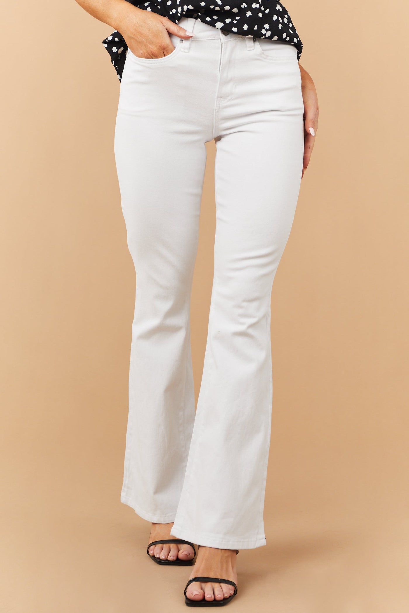 Off White High Rise Flare Jeans with Zipper Fly