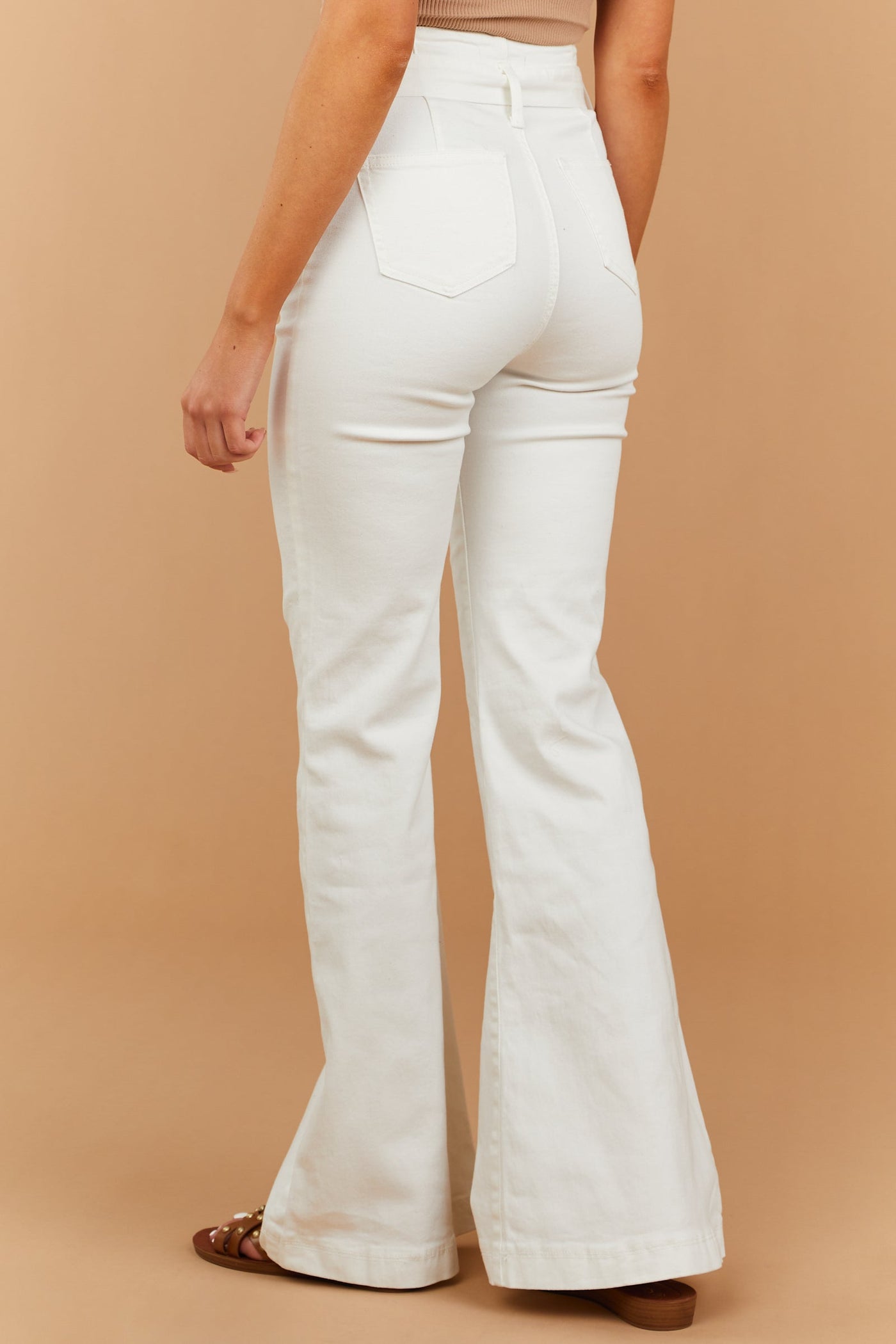 Off White High Rise Waist Tie Belt Flare Jeans