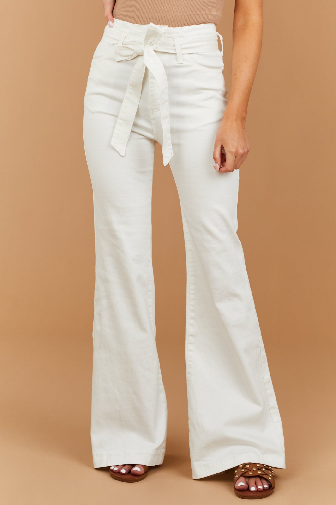 Off White High Rise Waist Tie Belt Flare Jeans