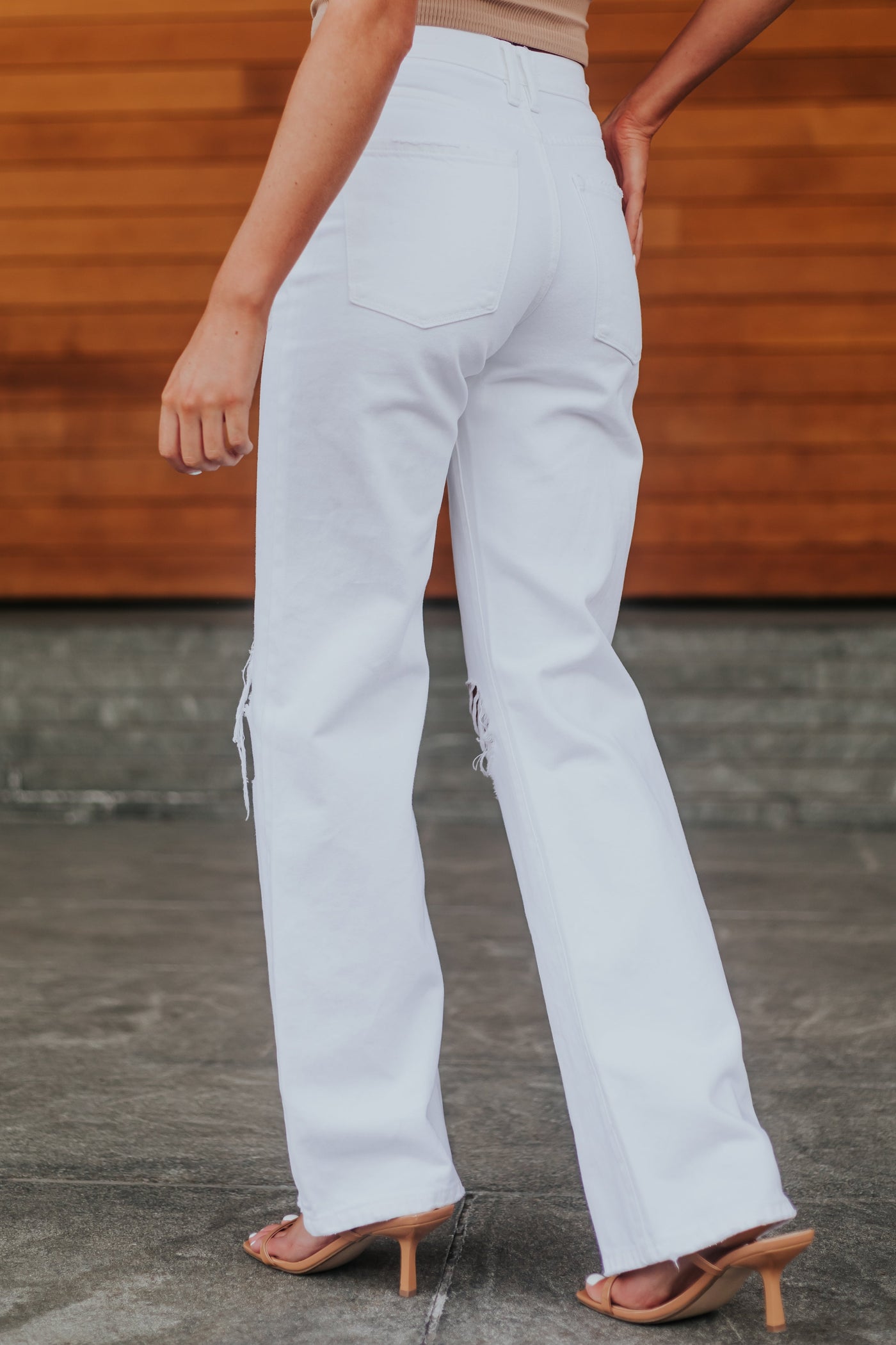 Off White High Waisted Distressed Knee Jeans